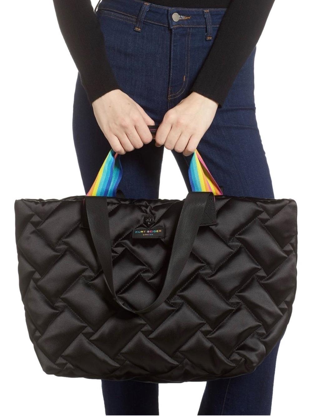Kurt Geiger Black Quilted Tote with Rainbow Straps - Picture 12 of 15